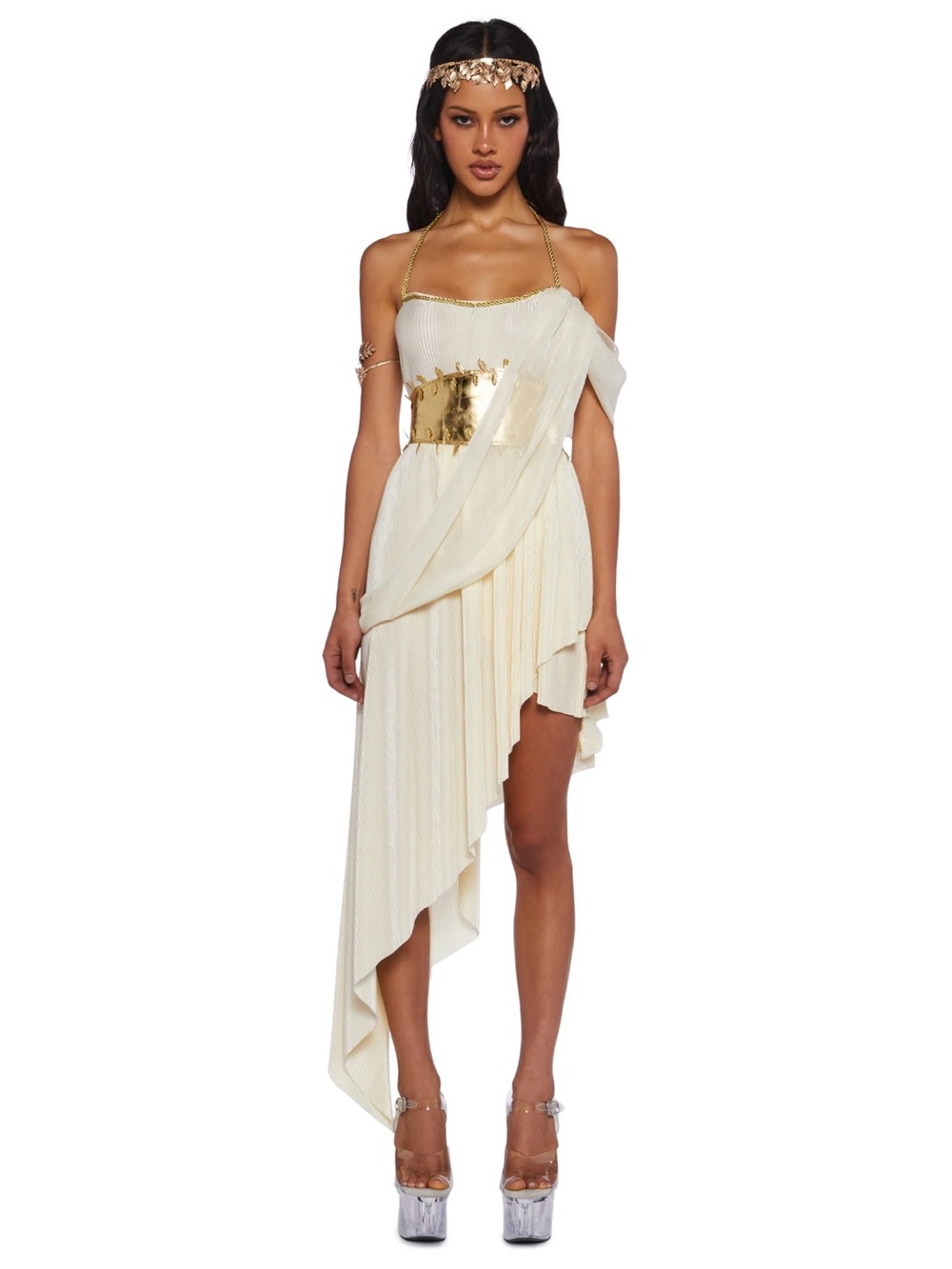 Dolls Kill Cream and Gold Asymmetrical Goddess Dress